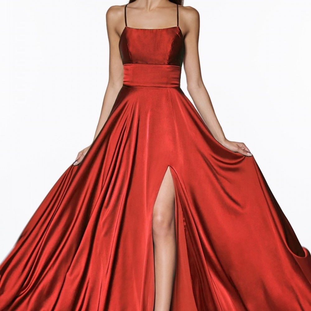 Red, satin like  long open back long dress